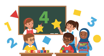 Vibrant illustration of diverse young students actively engaged in fundamental mathematics and early education activities within a playful and inclusive classroom setting