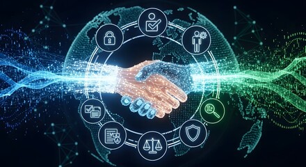 Digital partnership handshake for innovative global business solutions and secure technology network collaborations worldwide