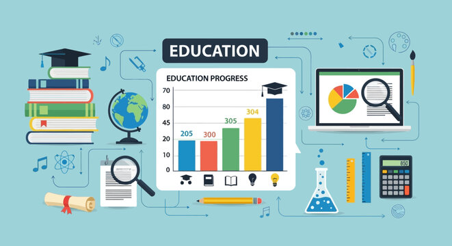 A conceptual illustration of educational growth and data analytics, featuring a progress graph and various learning symbols