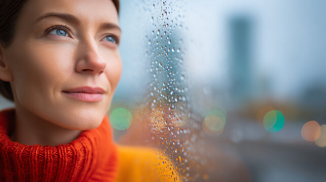 A woman gazing thoughtfully out a rainy window, reflecting on life and emotions during a calm moment in an urban setting. - Powered by Adobe