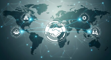 Global business network connecting with handshake icons across the world map for partnerships and international collaboration