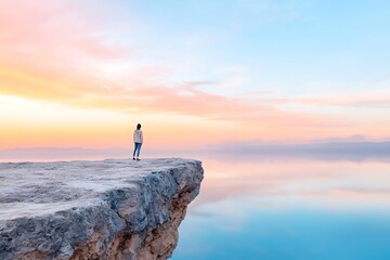 Serene Woman Standing on Cliff Overlooking Tranquil Water at Colorful Sunset