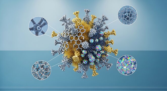 Detailed 3D rendering of a virus particle with magnified components.