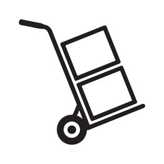 Black and white icon of a hand truck carrying two boxes