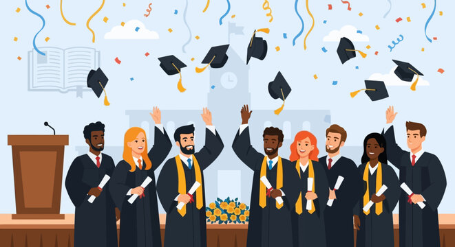 A diverse group of cheerful graduates in academic gowns throwing their caps in the air during a university commencement ceremony