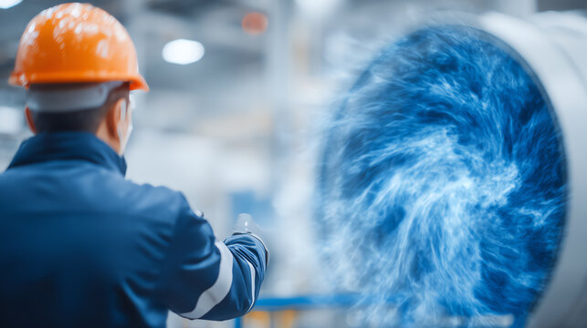 A worker in an industrial setting interacts with a large machine emitting blue sparks, showcasing modern technology in manufacturing. - Powered by Adobe