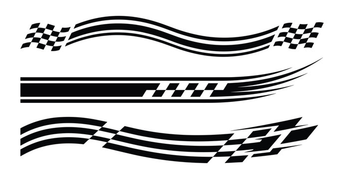 Sport car racing stripes set. Vehicle vinyl sticker. Auto flag checker decals kit isolated.