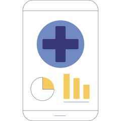 Mobile Health Application Displaying Medical Data and Analytics With a Blue Cross Icon and Bar Charts On A White Background With A Transparent Overlay