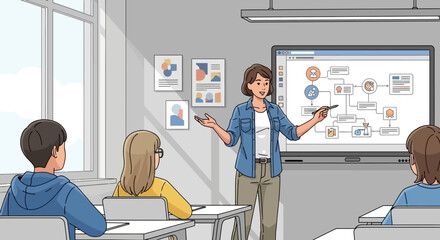 Teacher leading a classroom presentation with students engaged in learning