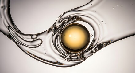Abstract liquid art golden sphere suspended in flowing transparent liquid swirls