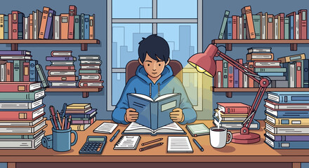 A diligent young student is engrossed in reading and studying at a desk surrounded by numerous books, showcasing dedication to learning and academic pursuits