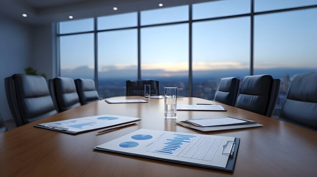 Professional boardroom with charts and graphs overlooking city skyline at dusk