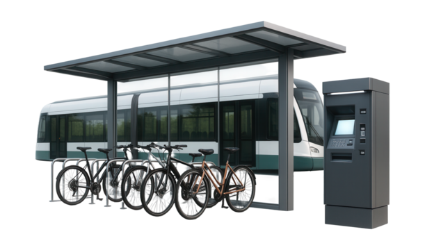 Tram station featuring bike parking and a ticket vending machine.
