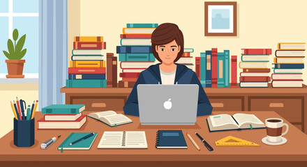 A focused student deeply engaged in online learning at a desk piled high with books, illustrating the concept of diligent self-education
