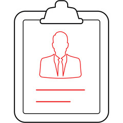 Minimalist Black Outline Clipboard Icon Featuring a Red Line Drawing of a Man in a Suit and Tie With Blank Lines for Text on a Transparent Background