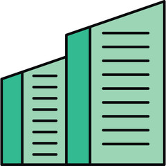 Modern Architectural Design of Two Tall Buildings in Teal and Light Green Colors with Abstract Geometric Windows and Black Outlines on a Transparent Background