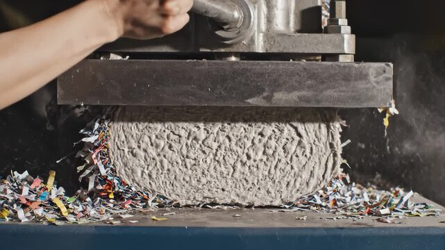 Hand Compresses Shredded Paper With Industrial Compactor Machine