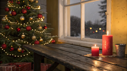 Cozy christmas scene with lit candle and decorated tree indoors