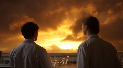 Two scientists in lab coats observe a dramatic sunset from a laboratory window contemplating the future