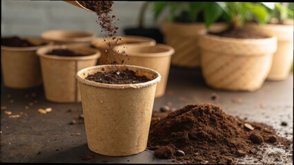 Hands planting seeds in biodegradable pots with soil