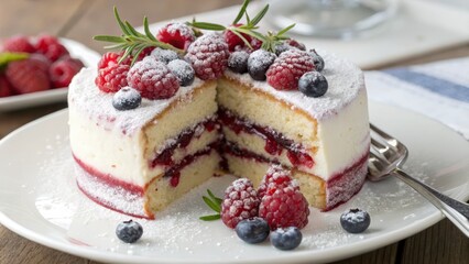 Delicious berry layer cake with fresh fruit and rosemary garnish