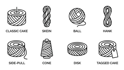 Yarn skeins balls hank cake cone disk types. Classic cake skein ball hank side pull