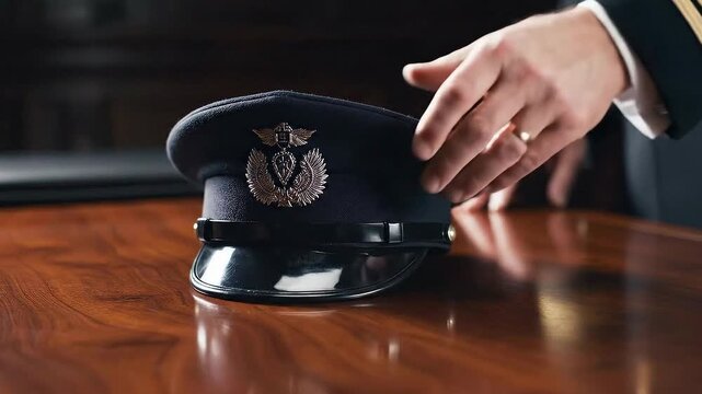 Police Officer places uniform cap on wooden desk