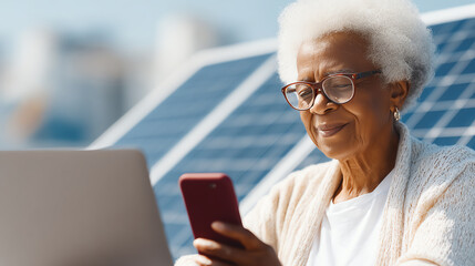 An elderly woman engages with technology, using a smartphone and laptop in a solar-powered environment, embracing digital innovation.