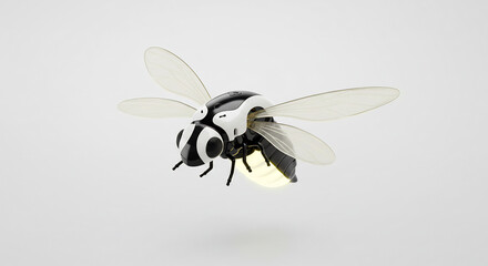 Futuristic robotic insect with translucent wings and a bright yellow glowing abdomen on a clean white background. AI Generated