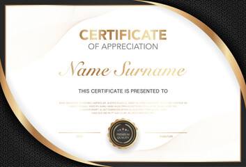 Modern certificate of appreciation template with elegant gold and black design, premium quality badge, customizable name and signature area, perfect for awards, achievement or recognition.