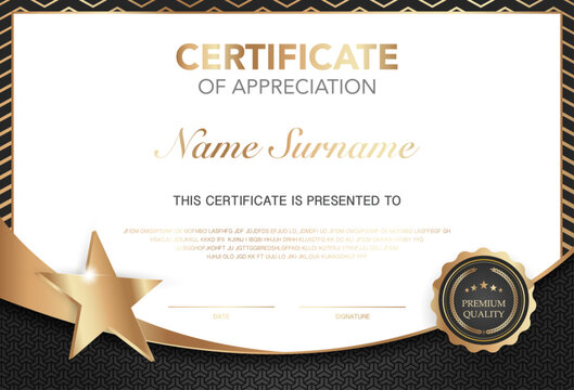 Modern certificate of appreciation template with elegant gold and black design, premium quality badge, customizable name and signature area, perfect for awards, achievement or recognition.