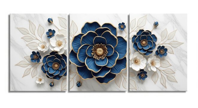 Elegant 3d blue white flowers golden accents on a luxurious marble texture, presented as a decorative triptych artwork
