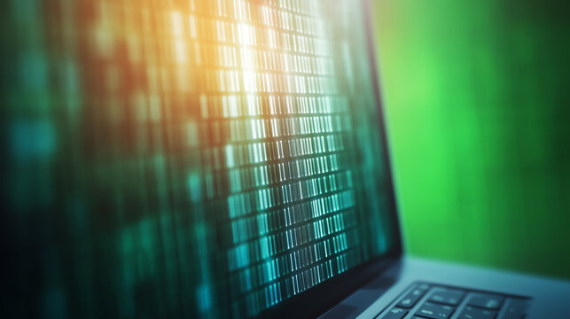 Close-up view of a laptop screen displaying binary code, symbolizing data processing and technological innovation.
