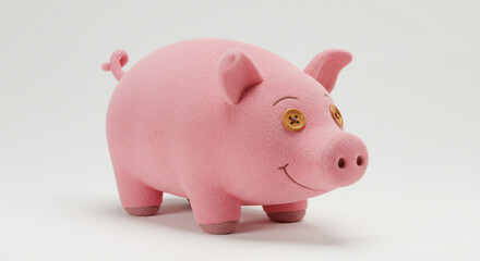 Adorable soft pink plush pig toy with button eyes happily stands on a clean studio white background cheerful aesthetic. AI Generated