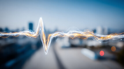 Dynamic heartbeat line design representing life and technology integration against an urban backdrop.