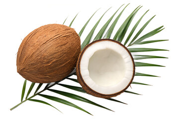Whole and Halved Coconut with Palm Leaf Isolated on Transparent Background
