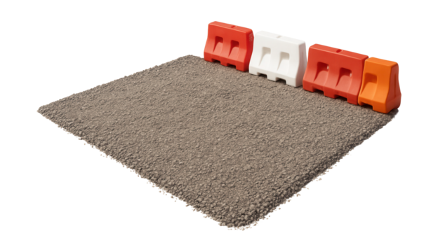 Gravel temporary parking area with movable barriers.