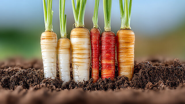 Freshly harvested carrots of various colors standing proud in rich soil, showcasing vibrant greens and earthy tones.