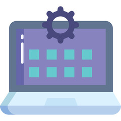 Modern Laptop Computer Displaying Grid of Square Icons Underneath a Stylized Gear Cog Symbol Against a Transparent Background Representing Technology and Settings