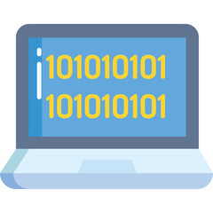 Laptop screen displays binary code 1010101010101010 in yellow on blue background technology concept clean graphic illustration simple design with no defects