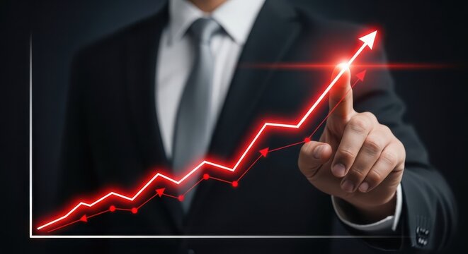 Businessman pointing at a glowing red upward trend line, symbolizing financial growth business success - Powered by Adobe