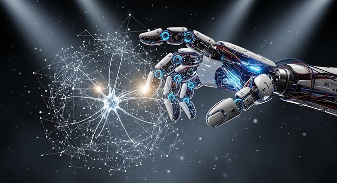 Futuristic Robot Hand Interacting with Digital Network, Artificial Intelligence Concept.