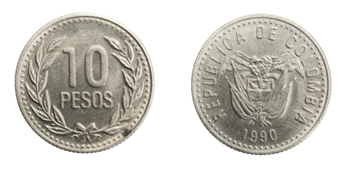 Colombia ten pesos coin on white isolated background