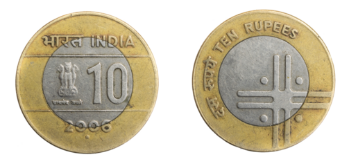 India ten rupees coin on a white isolated background