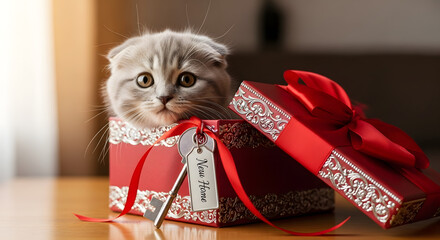 Adorable Scottish Fold kitten in a red gift box with a key and 'New Home' tag. Housewarming gift and real estate concept for moving day