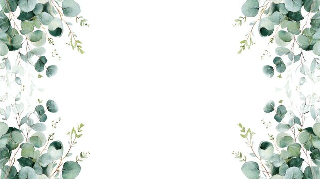 A beautiful watercolor design featuring delicate eucalyptus leaves framing a blank center, ideal for invitations or decorative backgrounds.