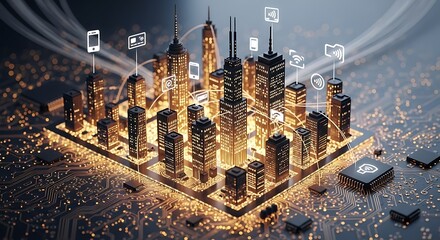 Futuristic Smart City with Digital Icons and Glowing Buildings.