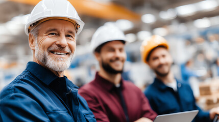 Three professionals in hard hats smile confidently in a modern industrial setting, showcasing teamwork and dedication to their craft.