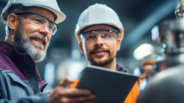 Two engineers discuss project details in an industrial setting, showcasing teamwork and precision in engineering tasks.