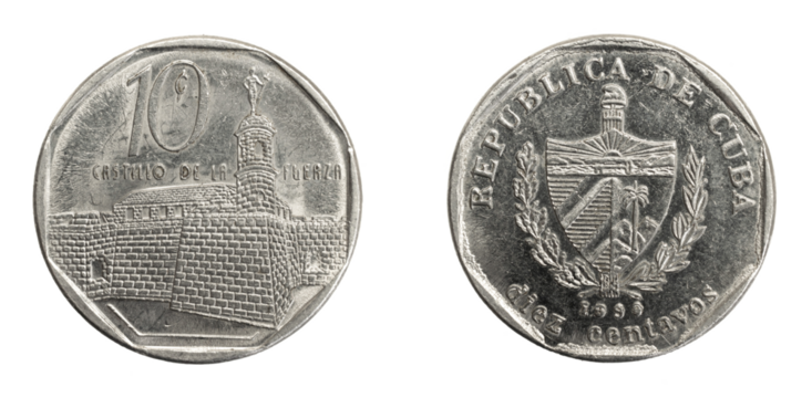 Cuba ten centavos coin on white isolated background